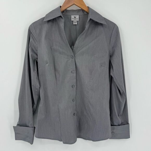Worthington Grey Stretch Button Down Shirt Long Sleeve Career Blouse Women 4 NWT - Picture 1 of 5